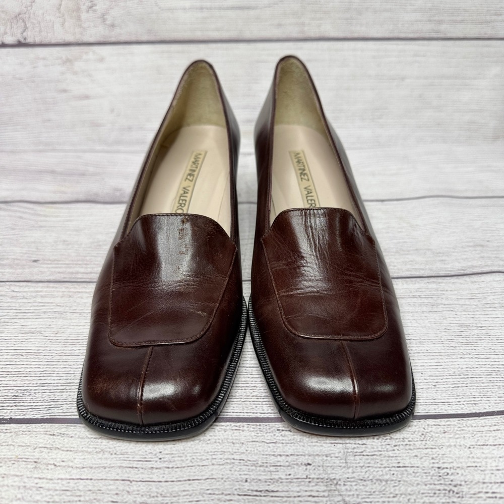 Martinez Valero Brown Leather Block Heel Square Toe Pumps Made in Spain FLAW